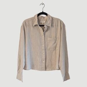 Banana Republic Linen Blend Button Down Shirt Beige Cropped Pocket Top NWT L